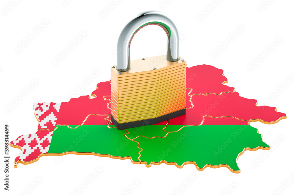 Poster lockdown in belarus. padlock with map, border protection concept. 3d rendering