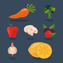 bundle of seven fresh fruits and vegetables healthy food set icons