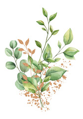 watercolor floral illustration isolated on white background. Bouquet of plants, eucalyptus, olives, trees, branches, gold elements and paint splashes. Hand draw Trendy template for print