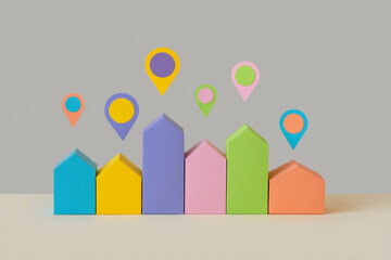 Papercraft colorful houses with location signs.