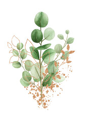 watercolor floral illustration isolated on white background. Bouquet of plants, eucalyptus, olives, trees, branches, gold elements and paint splashes. Hand draw Trendy template for print