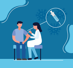 covid19 vaccine poster with female doctor injecting patient