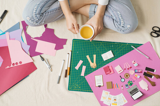 Artwork workplace with creative accessories