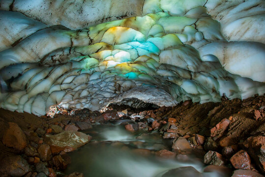 Ice cave inside with glacier at the foot of Mutnovsky volcano, Kamchatka.