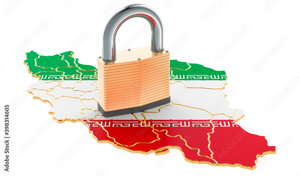 Poster lockdown in iran. padlock with map, border protection concept. 3d rendering