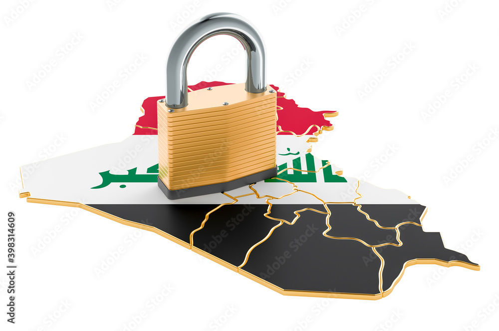 Poster lockdown in iraq. padlock with map, border protection concept. 3d rendering