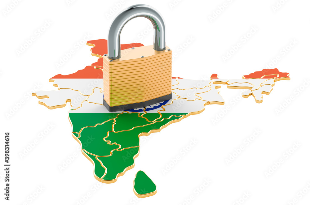 Poster lockdown in india. padlock with map, border protection concept. 3d rendering