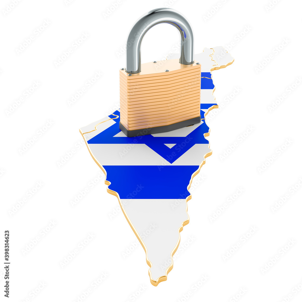 Poster lockdown in israel. padlock with map, border protection concept. 3d rendering