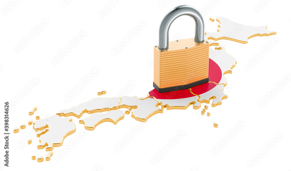 Poster lockdown in japan. padlock with map, border protection concept. 3d rendering