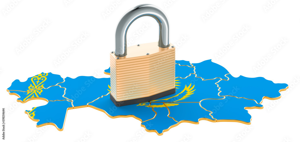 Poster lockdown in kazakhstan. padlock with map, border protection concept. 3d rendering