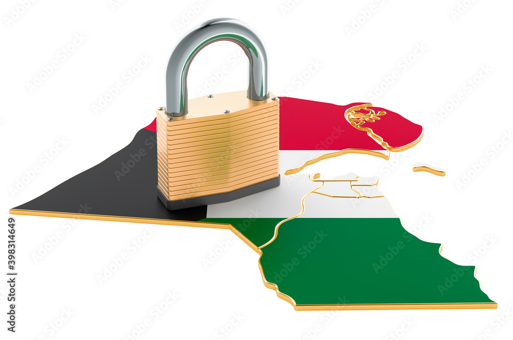 Poster lockdown in kuwait. padlock with map, border protection concept. 3d rendering