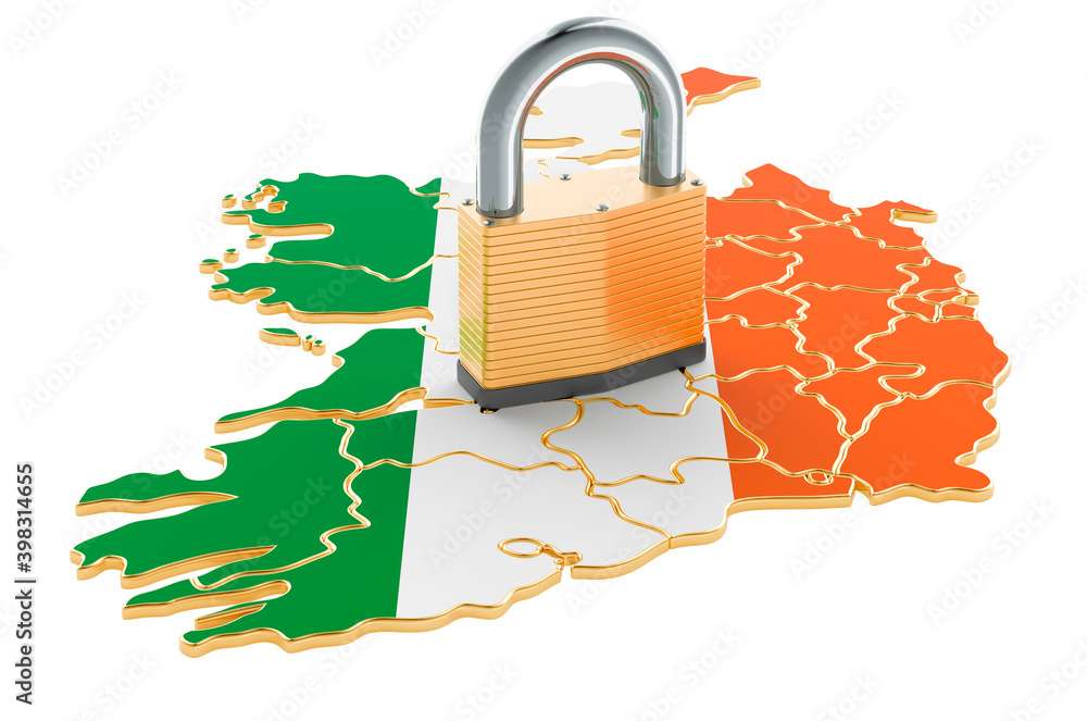 Poster lockdown in ireland. padlock with map, border protection concept. 3d rendering