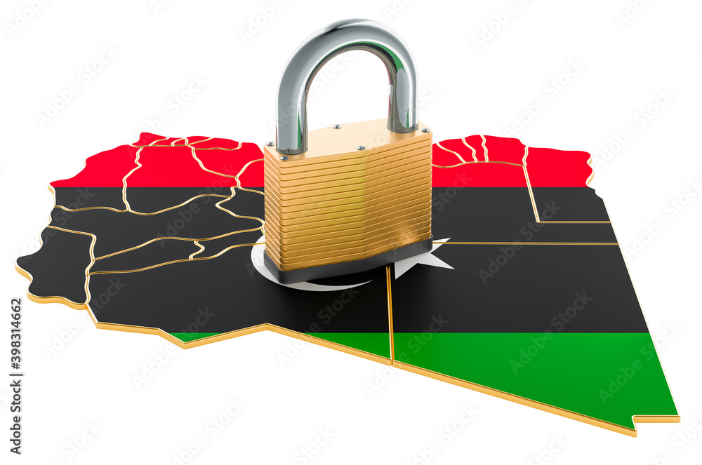 Poster lockdown in libya. padlock with map, border protection concept. 3d rendering