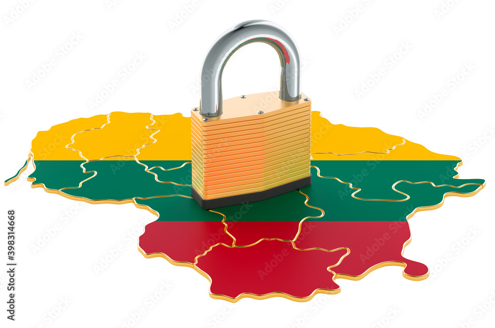 Poster lockdown in lithuania. padlock with map, border protection concept. 3d rendering