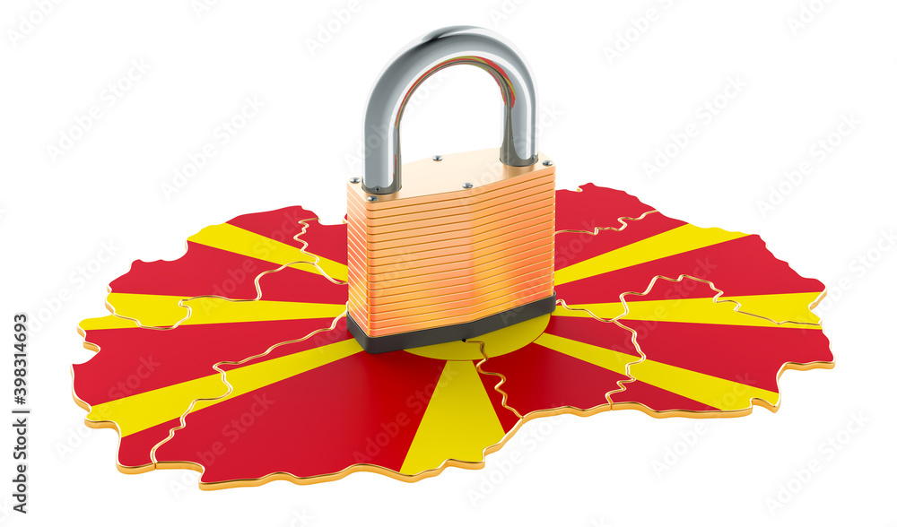 Aufkleber lockdown in macedonia. padlock with map, border protection concept. 3d rendering