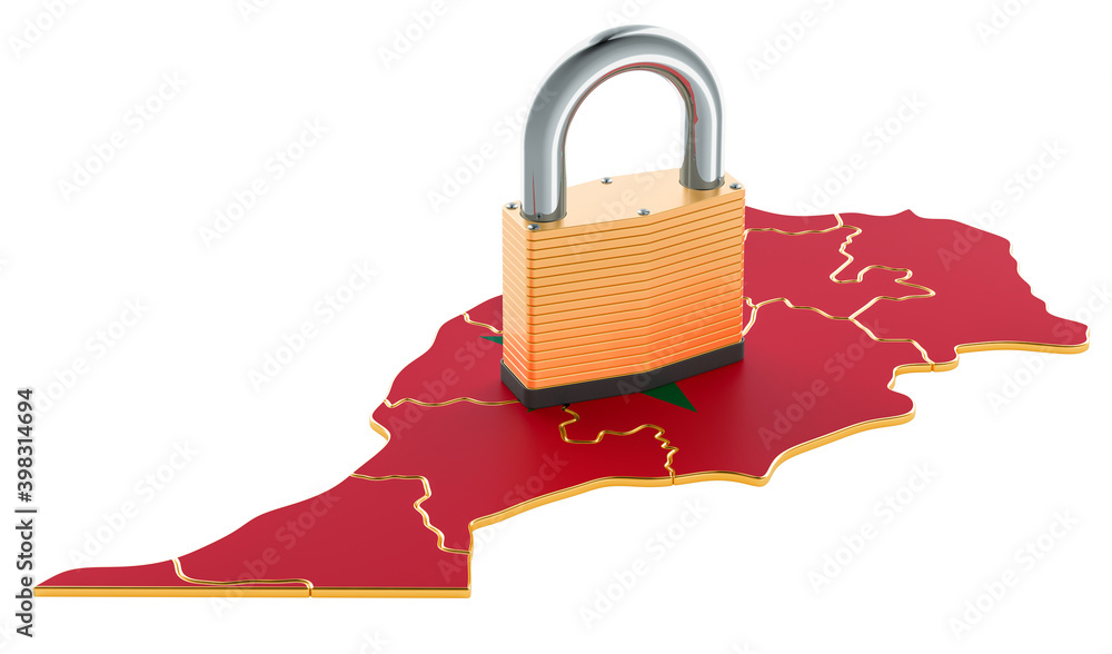 Poster lockdown in morocco. padlock with map, border protection concept. 3d rendering