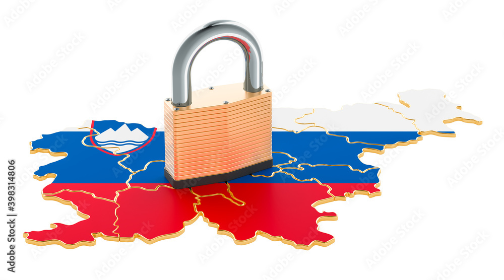 Poster lockdown in slovenia. padlock with map, border protection concept. 3d rendering