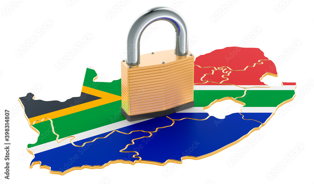 Poster lockdown in south africa. padlock with map, border protection concept. 3d rendering