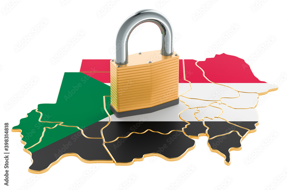Poster lockdown in sudan. padlock with map, border protection concept. 3d rendering