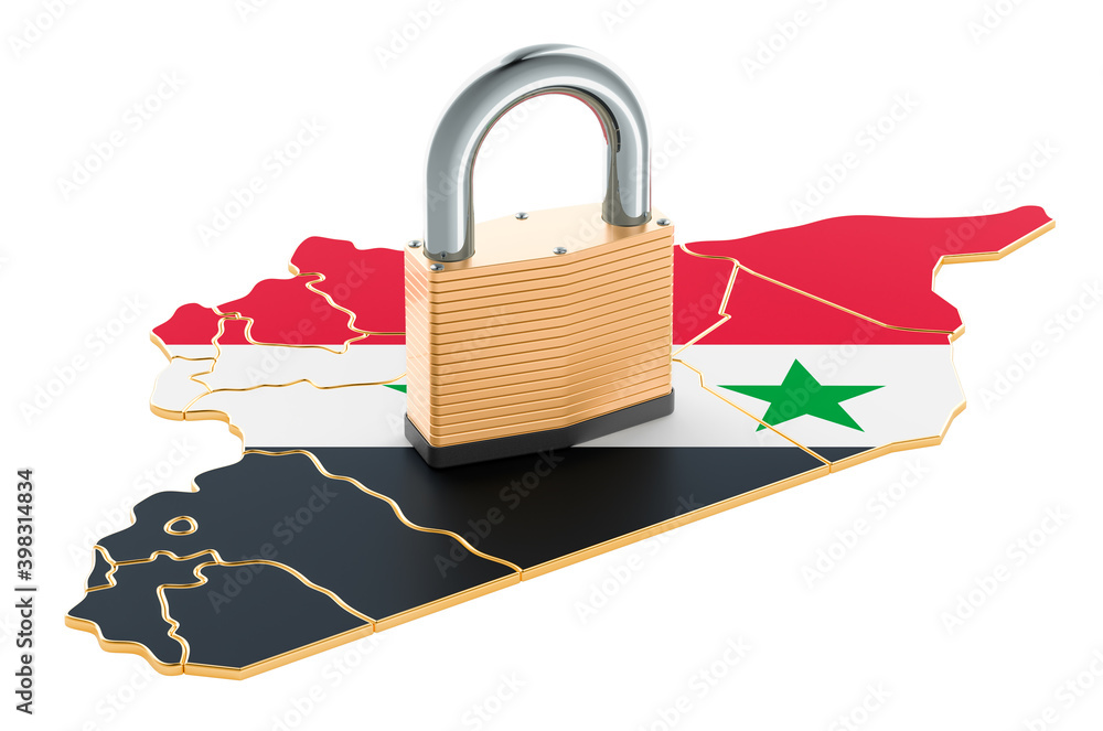 Poster lockdown in syria. padlock with map, border protection concept. 3d rendering