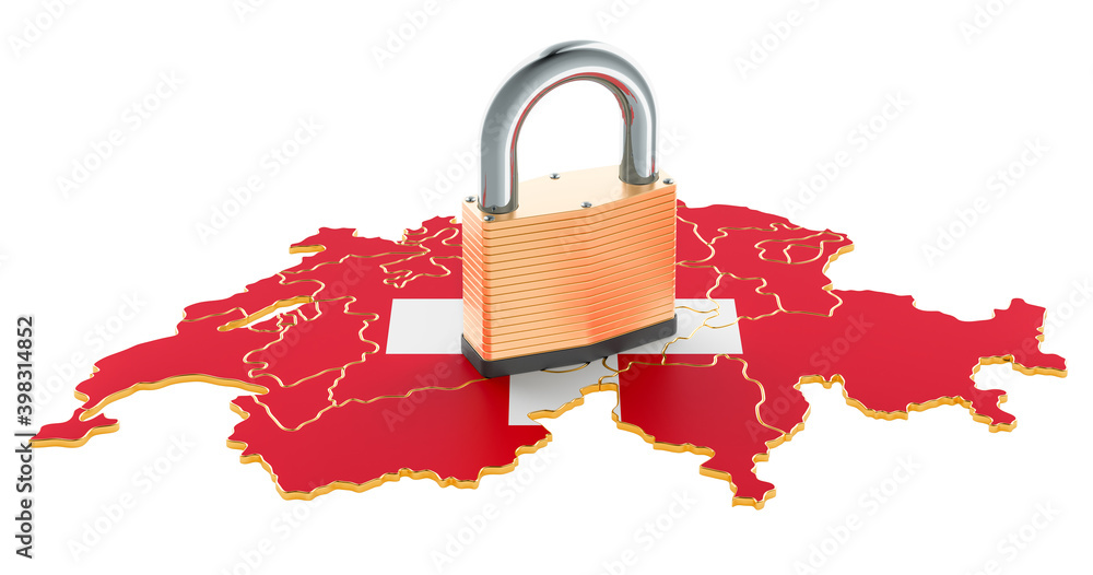 Poster lockdown in switzerland. padlock with map, border protection concept. 3d rendering