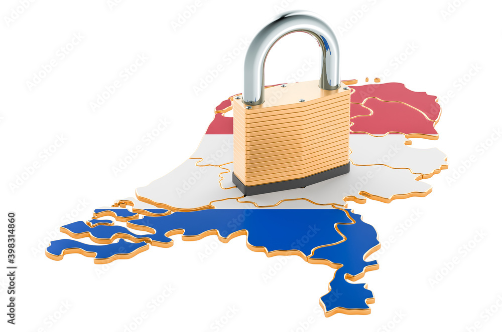 Poster lockdown in the netherlands. padlock with map, border protection concept. 3d rendering