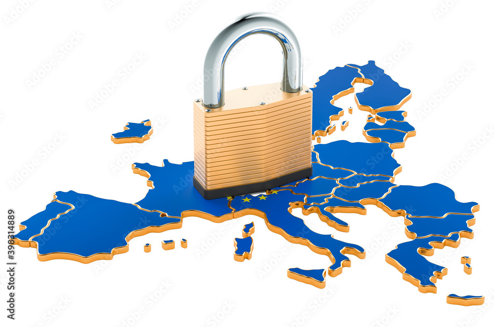 Poster lockdown in the european union. padlock with map, border protection concept. 3d rendering