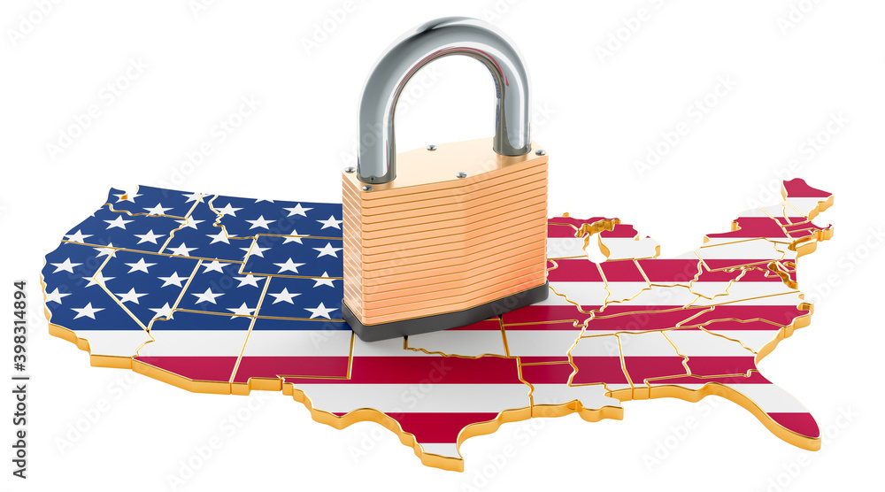 Poster lockdown in the united states. padlock with map, border protection concept. 3d rendering