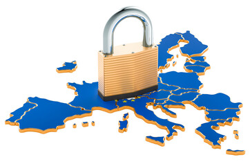 Lockdown in the European Union. Padlock with map, border protection concept. 3D rendering © alexlmx