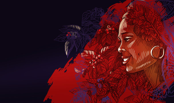 Illustration image of a girl from Brazil, on a background of branches of coffee with berries and leaves, sketch drawing