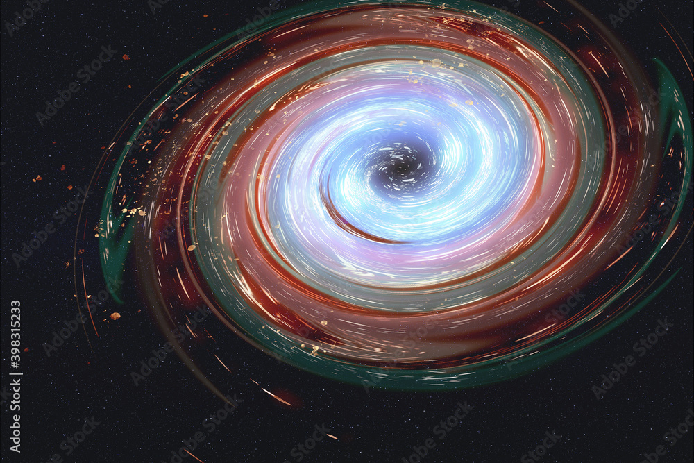 Wall mural black hole in bright colours in outer space. science fiction. 3d render illustration. elements of th