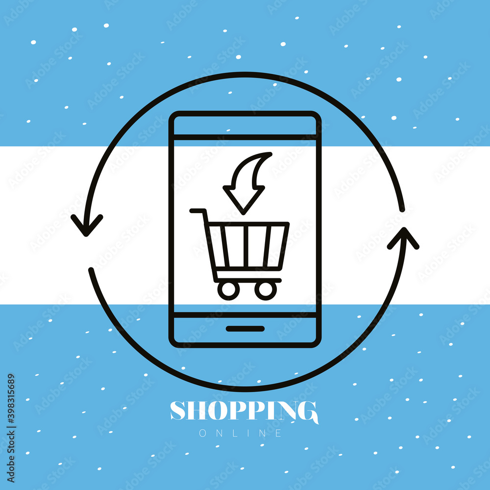 Poster shopping cart with arrow in smartphone line style icon