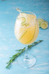 Gimlet cocktail with Gin, cucumber slice, lime and ice in a glass. Summer bar menu