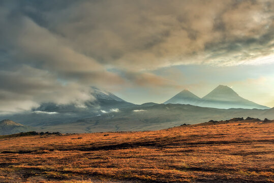 Amazing landscape Klyuchevskaya group of volcanoes.