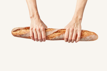 Woman hands hold fresh baguette.