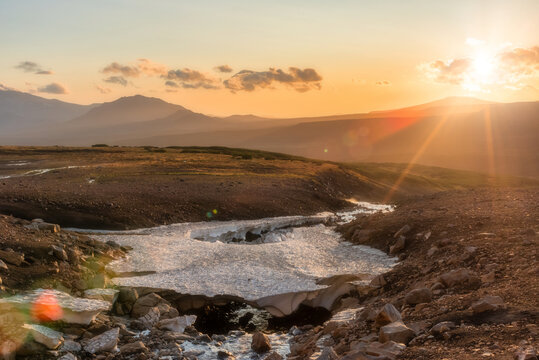 Beautiful sunset landscape above Mutnovsky volcano, Kamchatka Peninsula.