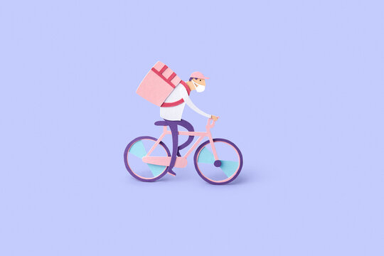 Handmade paper courier on a bike in protective mask.