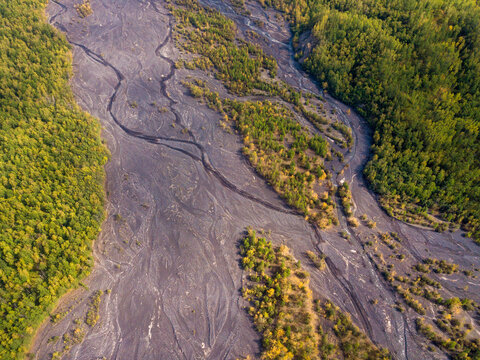 Landscape from flying drone above forest area of Kamchatka krai.