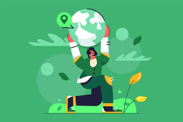 Girl holding in squat planet the earth in her hands above her head, isolated on green background, flat vector illustration