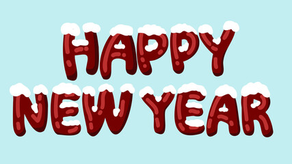 Vector red text happy new year covered with snow on blue background. Bright festive lettering illustration for greeting cards, banners, posters, publications. Abstract invitation. Holiday concept.