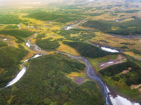 Beautiful landscape from flying drone above area of Kamchatka krai.