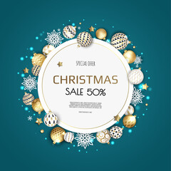 Fototapeta na wymiar Christmas Wreath With Balls and snowflakes. Design for greeting card, banner, poster.