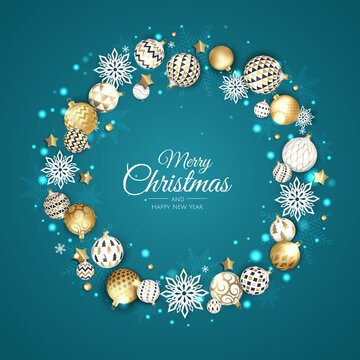 Christmas Wreath With Balls and snowflakes. Design for greeting card, banner, poster.