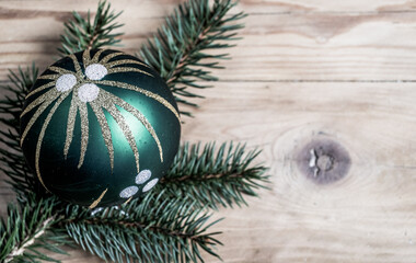 top view of beige and green Christmas decorations cozy home hygge