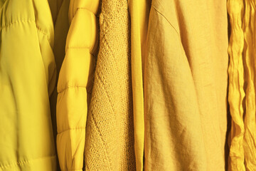 Set of trendy yellow clothes, illuminating color, color of the 2021