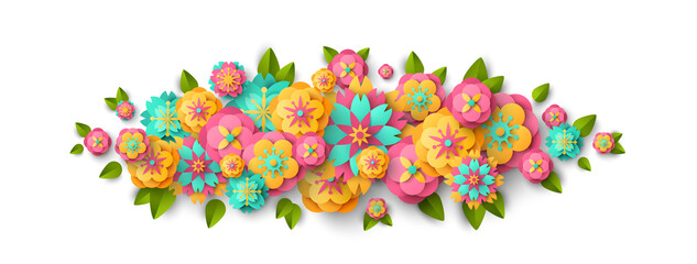 Spring border with paper cut flowers and leaves isolated on white background. Bright colorful geometric forms. Vector illustration. Fresh design for posters, brochures or vouchers.