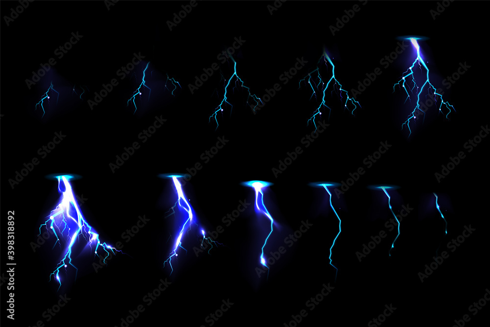 Poster sprite sheet with lightnings, thunderbolt strikes set for game fx animation. vector realistic set of