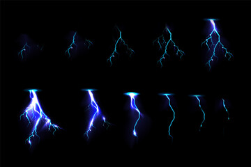 Sprite sheet with lightnings, thunderbolt strikes set for game fx animation. Vector realistic set of blue electric impact at night, sparking discharge of thunderstorm isolated on black background - obrazy, fototapety, plakaty