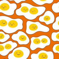 Colorful Funny Omelettes with many diferent Cute Smiling Happy Cartoon Faces Seamless Pattern, flat style, isolated on orange.