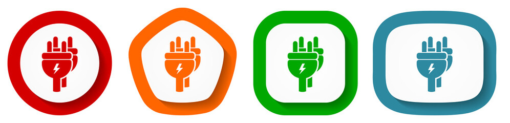 Eletricity, energy, power, plug vector icon set, flat design buttons on white background